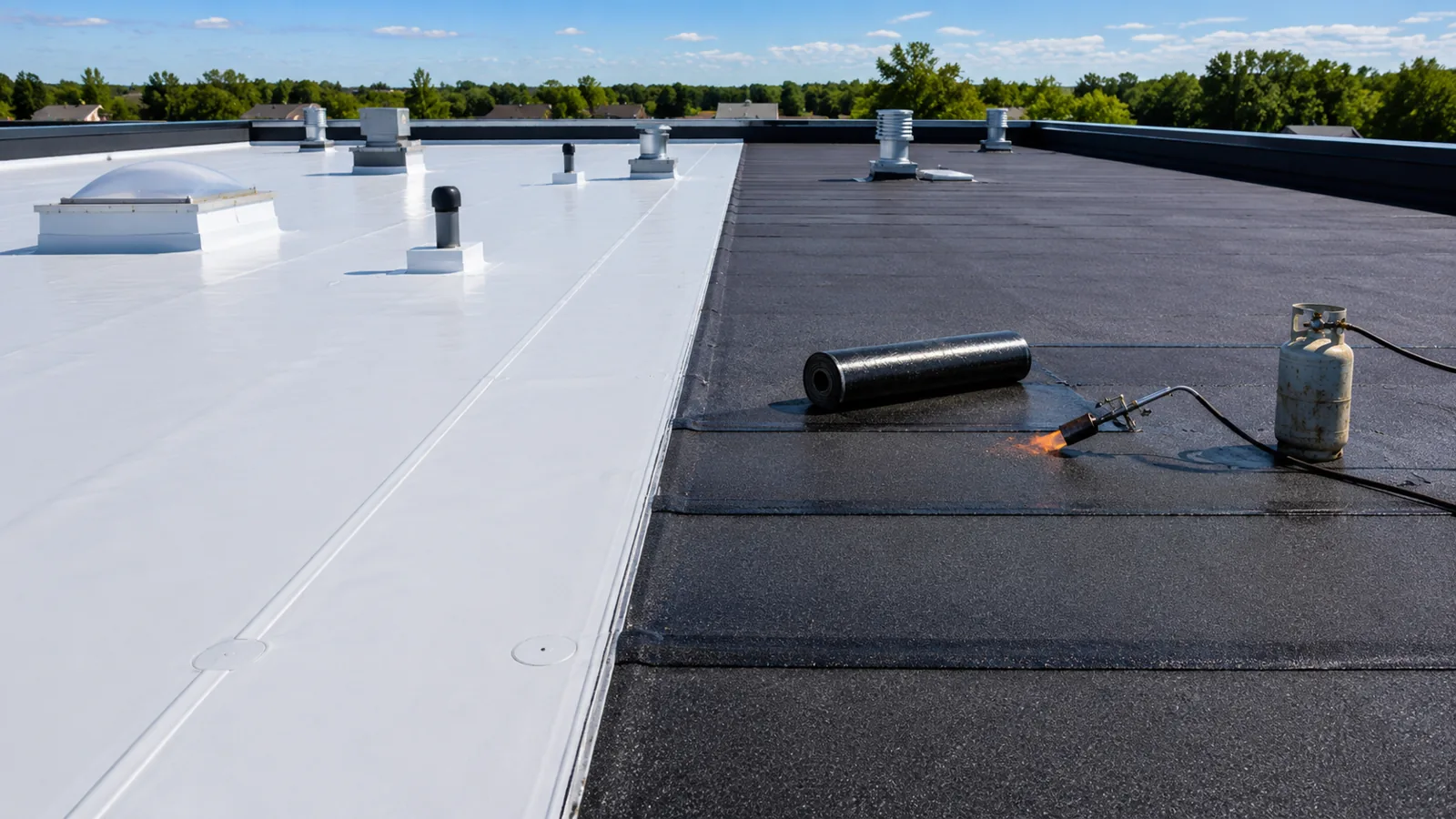 Commercial flat roof with white single-ply membrane beside a torch-applied modified bitumen section